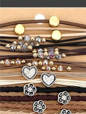 Women’s Multi-Pack Heart & Bead Elastic Hair Ties – Black, brown and Cream